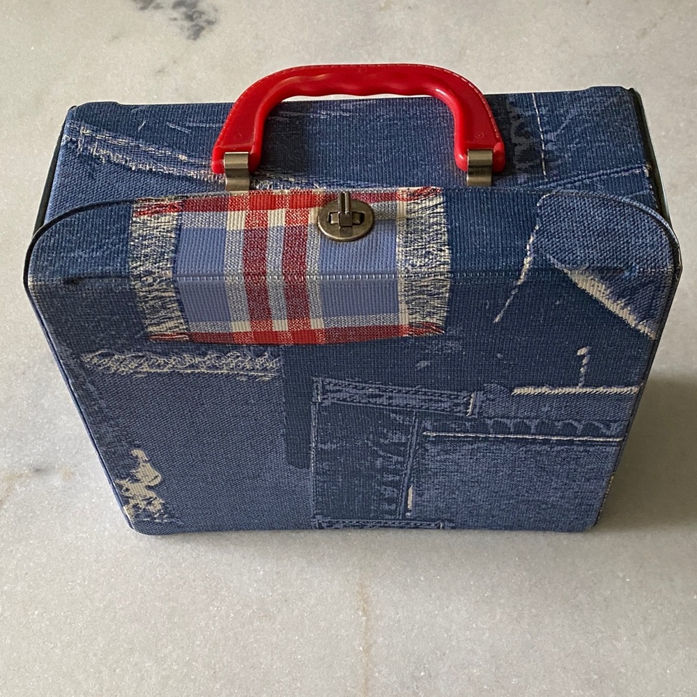 Vintage Kids Denim Print Lunchbox Bag with Red Handle
